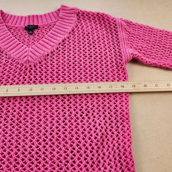 Talbots Mesh Sweater Small PETITE Hot Pink Pullover Beachy Sheer Crochet Cover - Picture 7 of 10